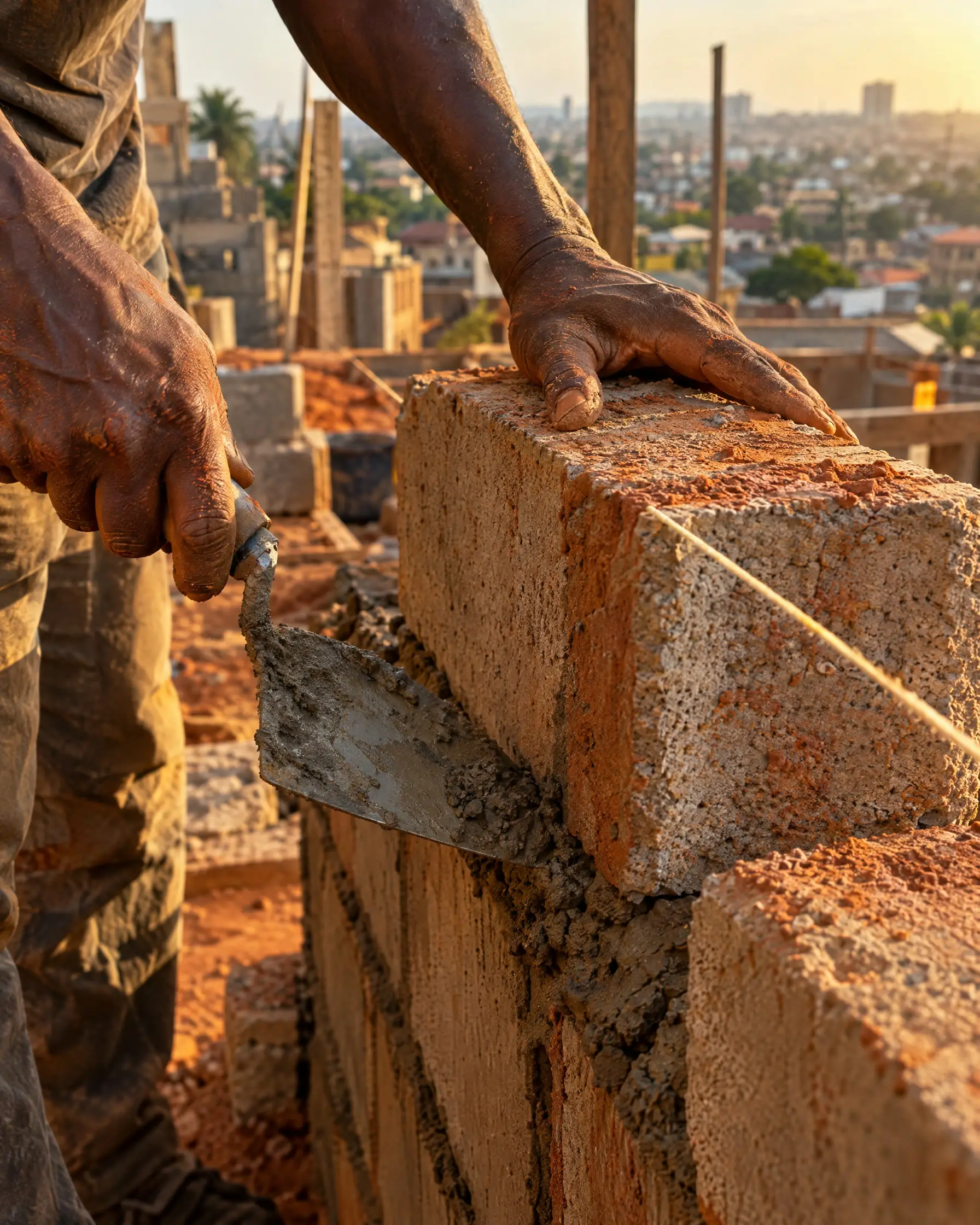 A mason's hands setting a sandcrete block on fresh mortar, red laterite dust on the block