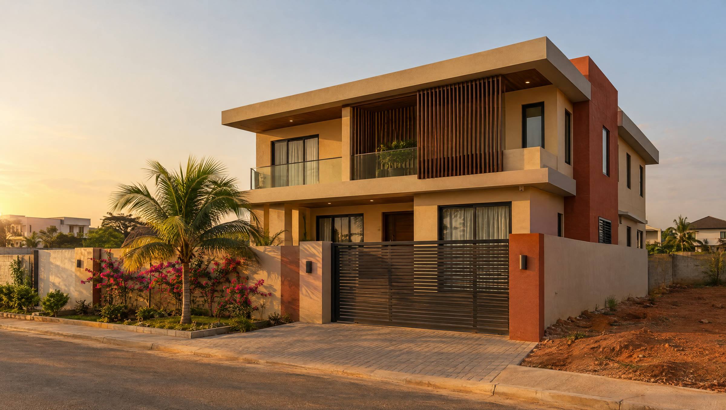 A finished two-storey house with a laterite-red wall and timber louvres at sunset in an Accra suburb