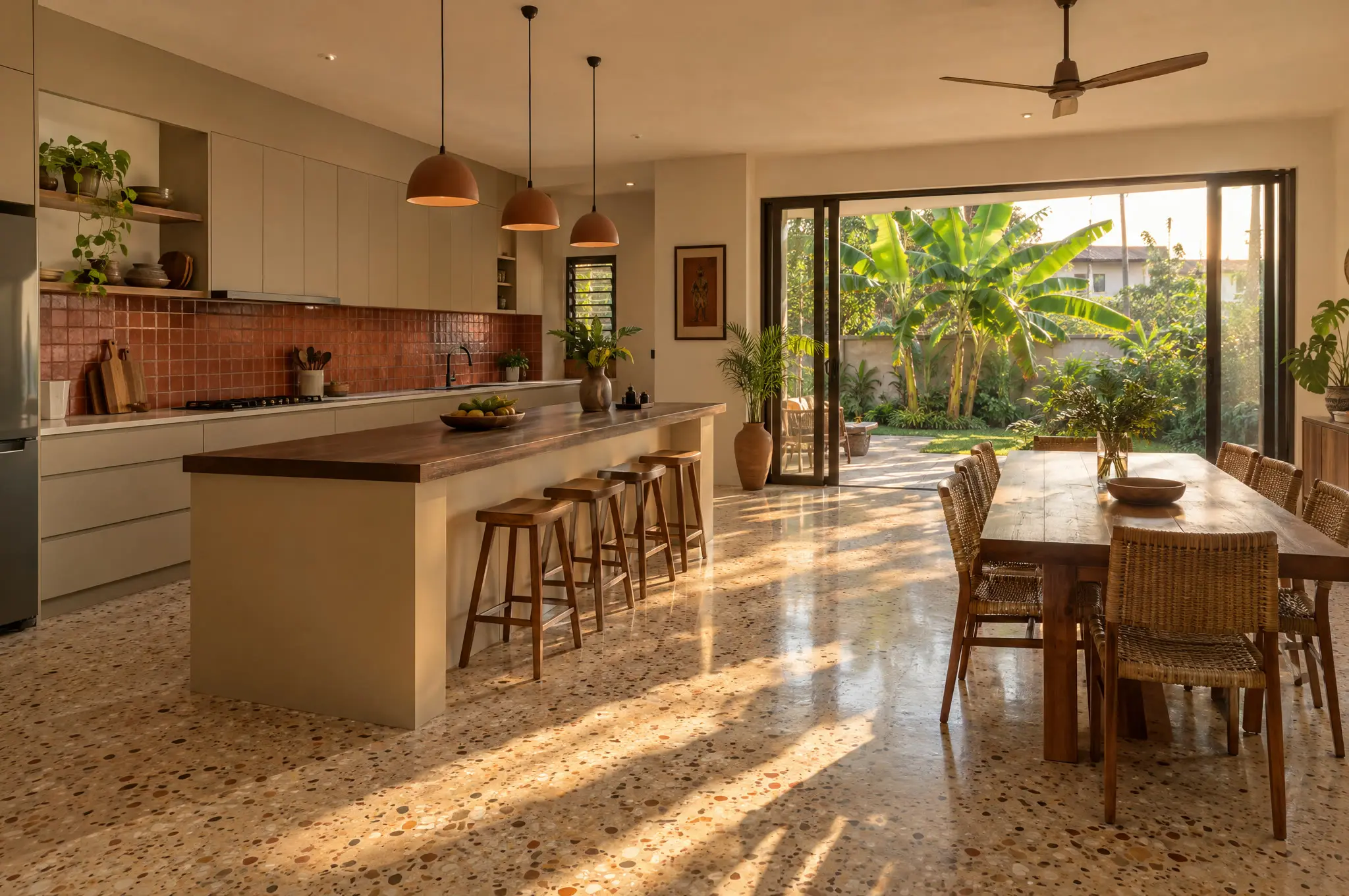 Open-plan kitchen with terrazzo floor, hardwood island and sliding doors to a garden