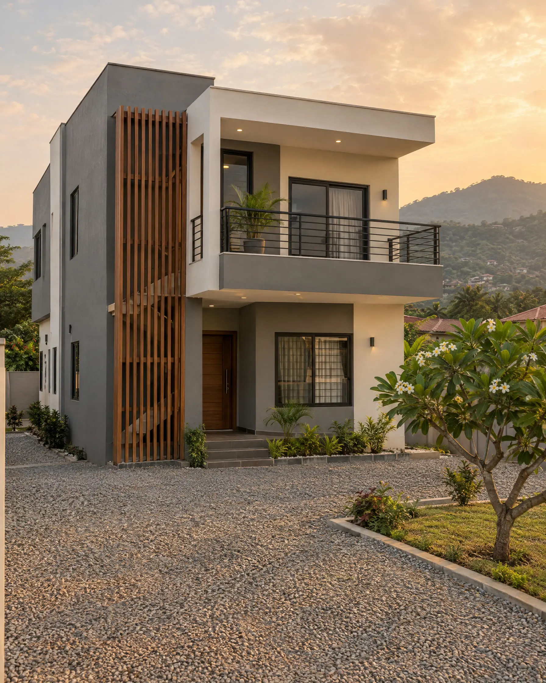 Finished two-storey grey and white house with a timber stair screen and a frangipani tree