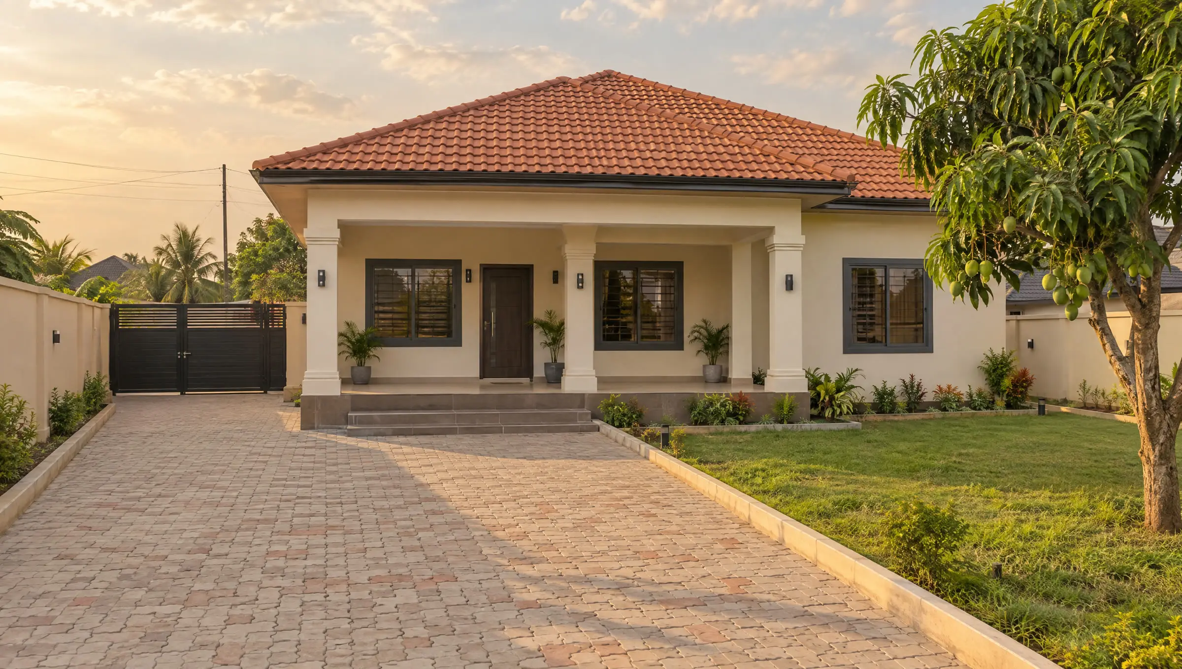 Single-storey bungalow with terracotta roof tiles, a columned veranda and a paved driveway
