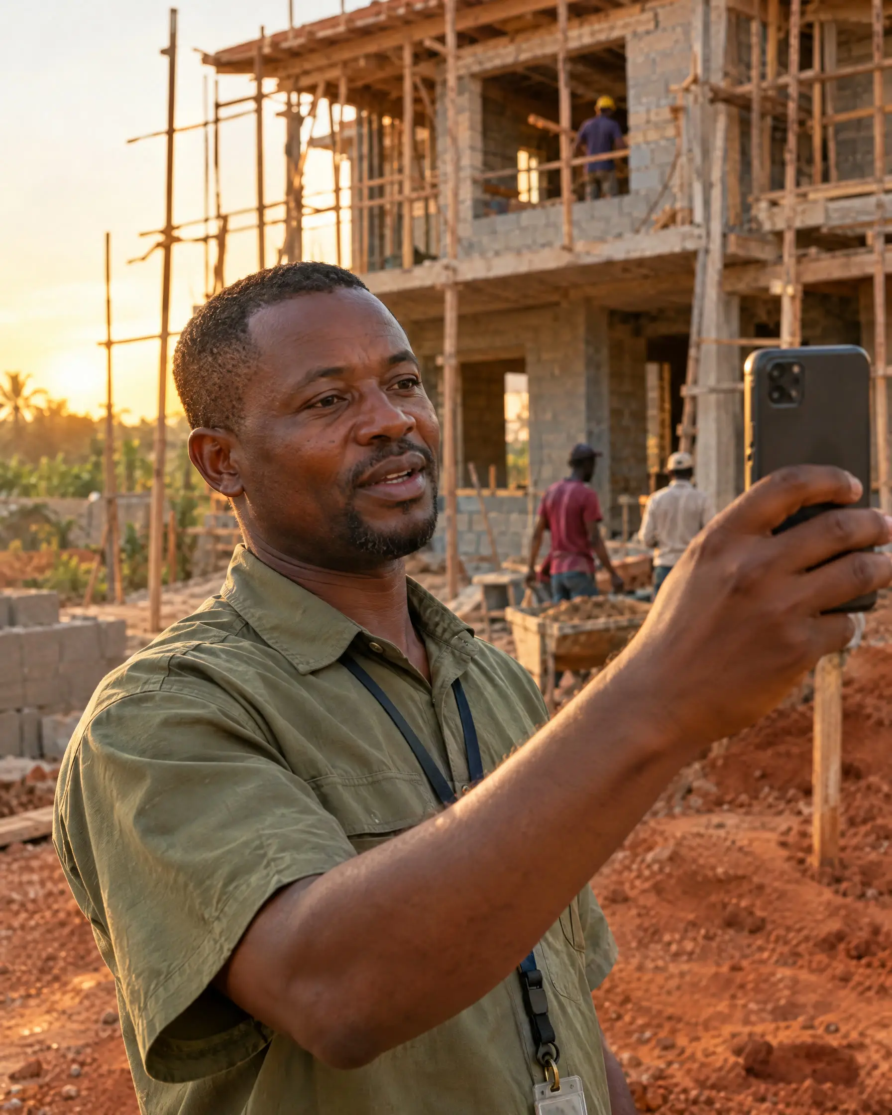 Our site manager filming a Friday progress video on his phone in front of a house under construction