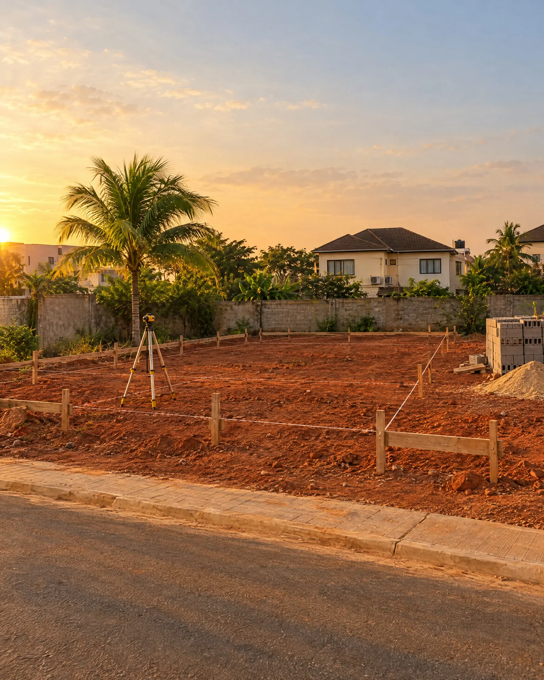 Bare plot of red laterite earth with pegs and string lines marking out the house