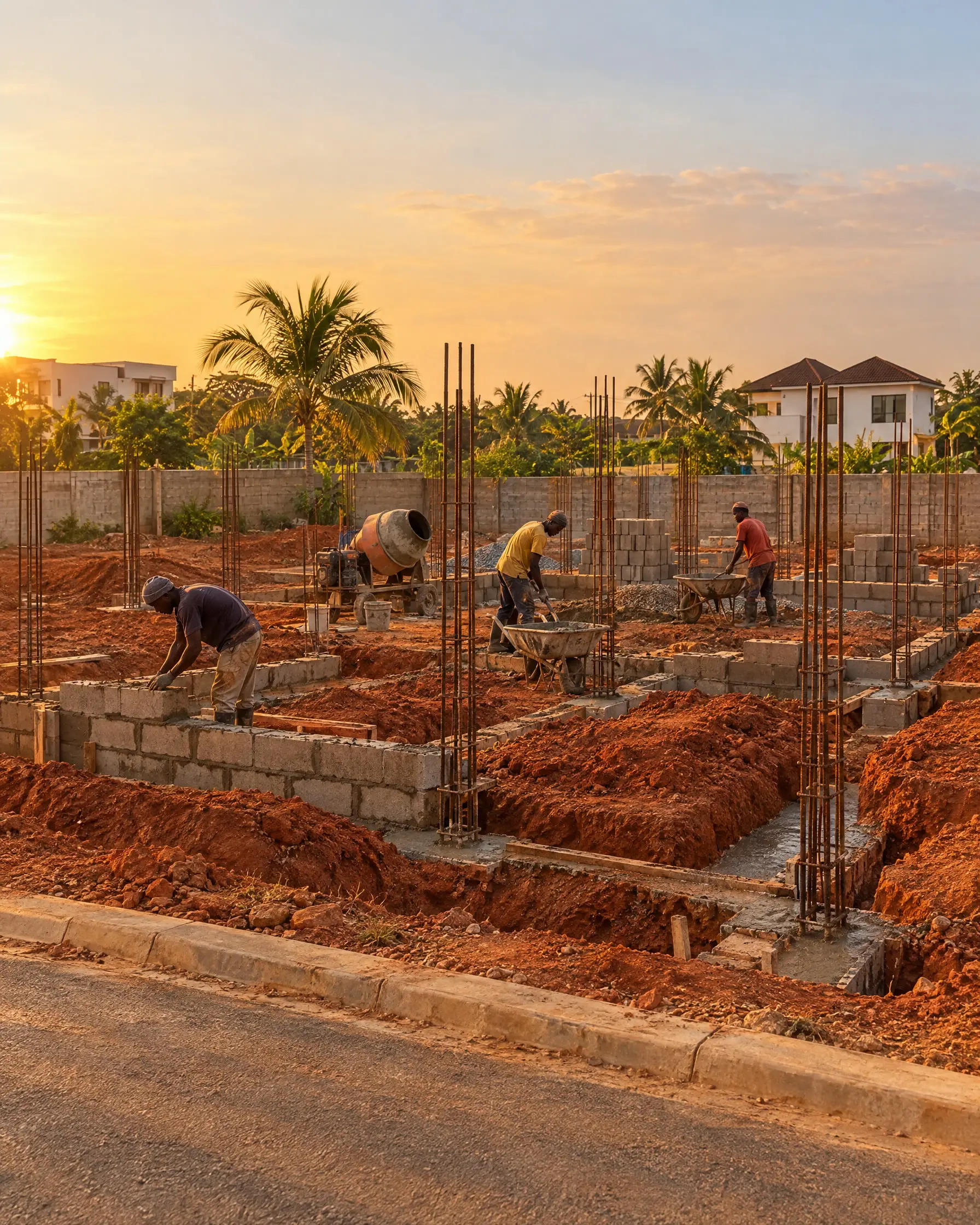 Builders laying foundation blocks between steel starter bars in red earth
