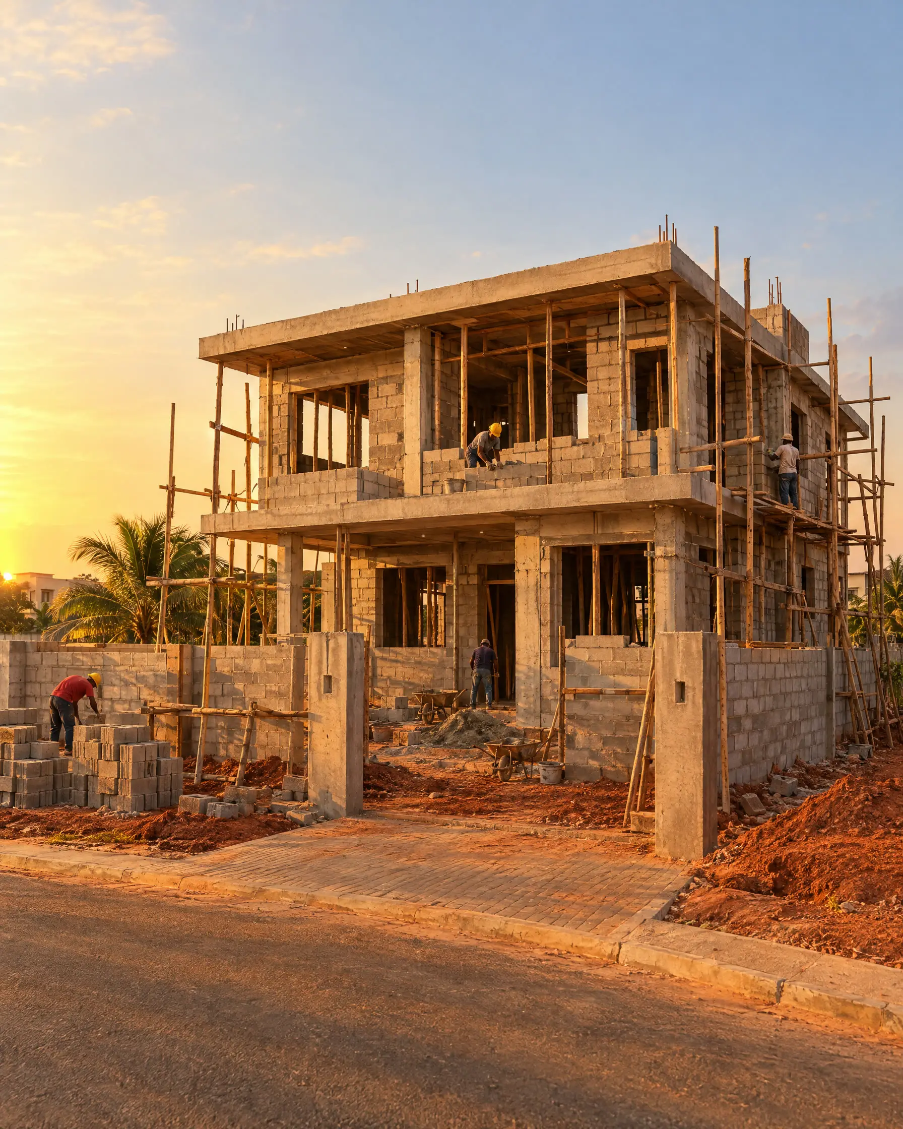 Two-storey concrete frame with blockwork walls and timber scaffolding