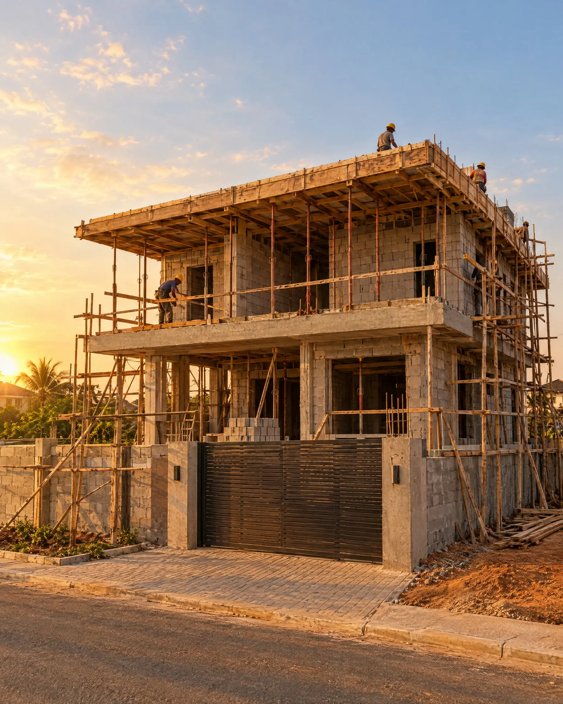 House with timber formwork under the roof slab and builders on the top floor