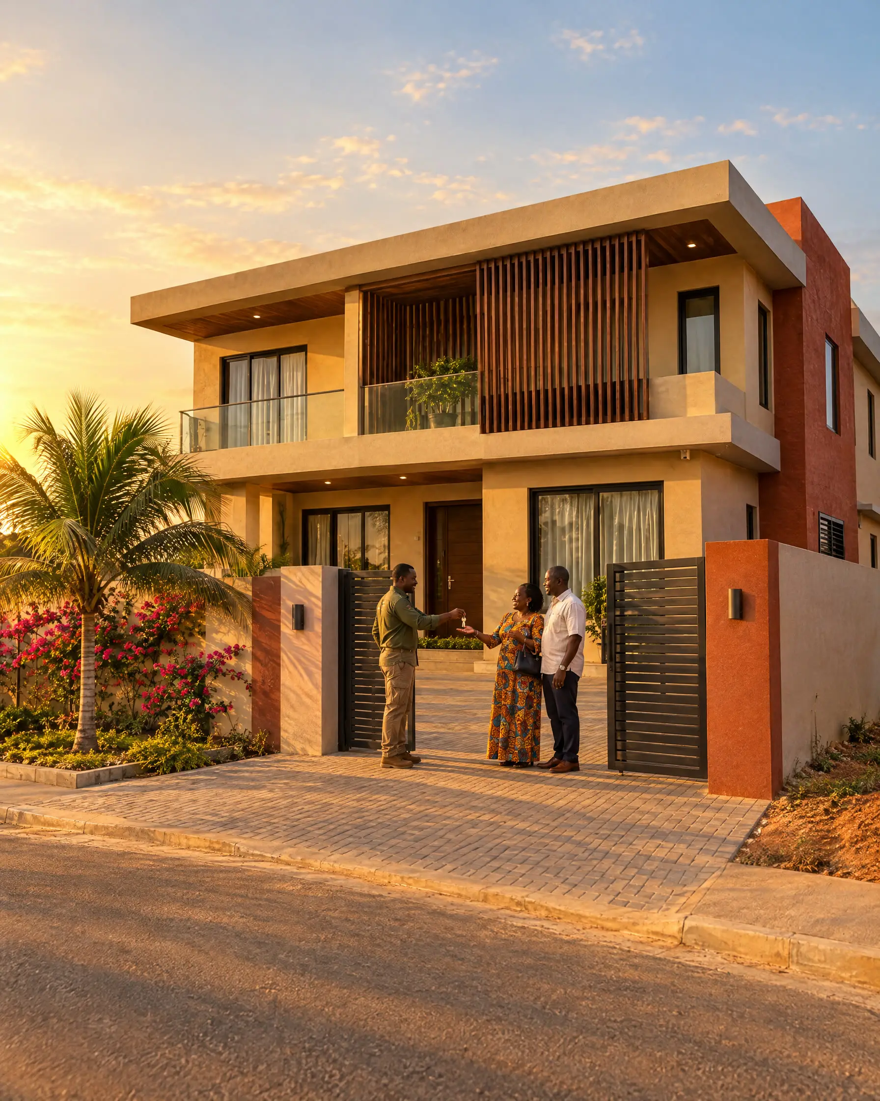 Site manager handing keys to a couple at the gate of the finished house